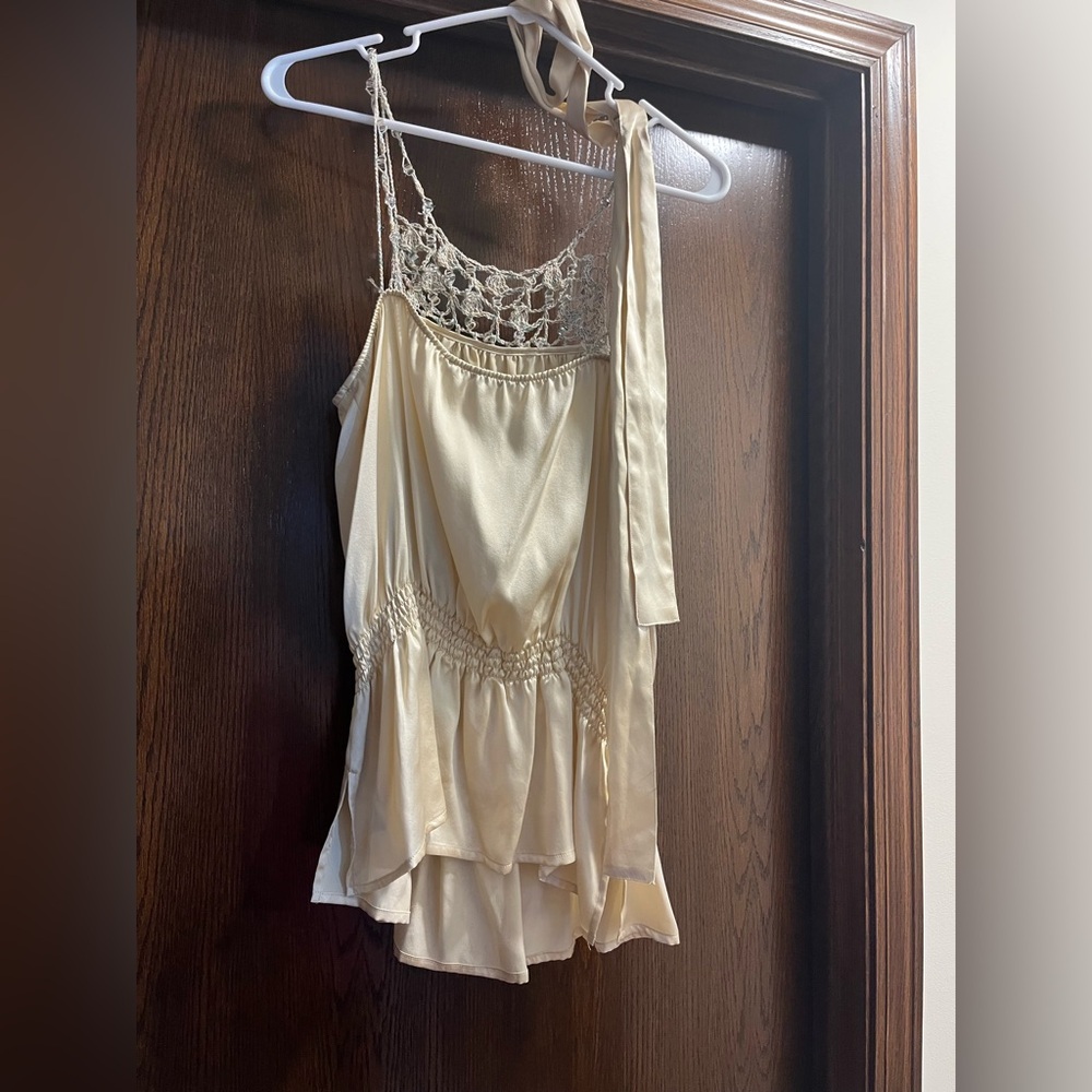 To the Max-tank blouse/tie waist/beige silk beaded rope straps/front. W size 10. - Picture 4 of 10